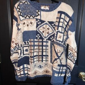 Tiara Patchwork Knit Sweater - Blue and Cream